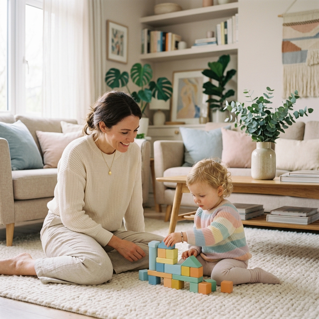 Happy mother and child playing together peacefully